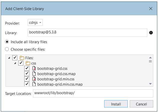 Add Client Side Library install bootstrap asp.net core